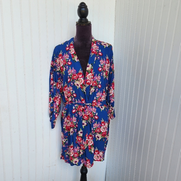 Women's Blue Pink Floral Rayon Cotton Mini Robe Kinomo One Size OS - Picture 1 of 12